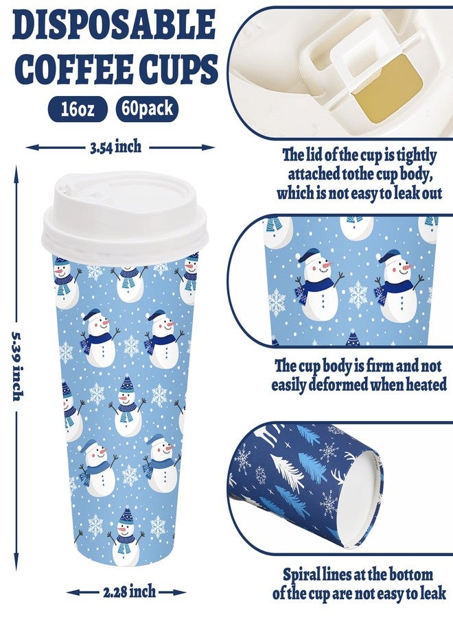 JarThenaAMCS 60Pcs Christmas Coffee Cups with Lids 16oz Blue Snowflake Xmas Tree Snowman Paper Cups Winter Disposable To Go Coffee Cup for Cafes Shops Cappuccino Chocolate Beverage Cocoa - Image 2